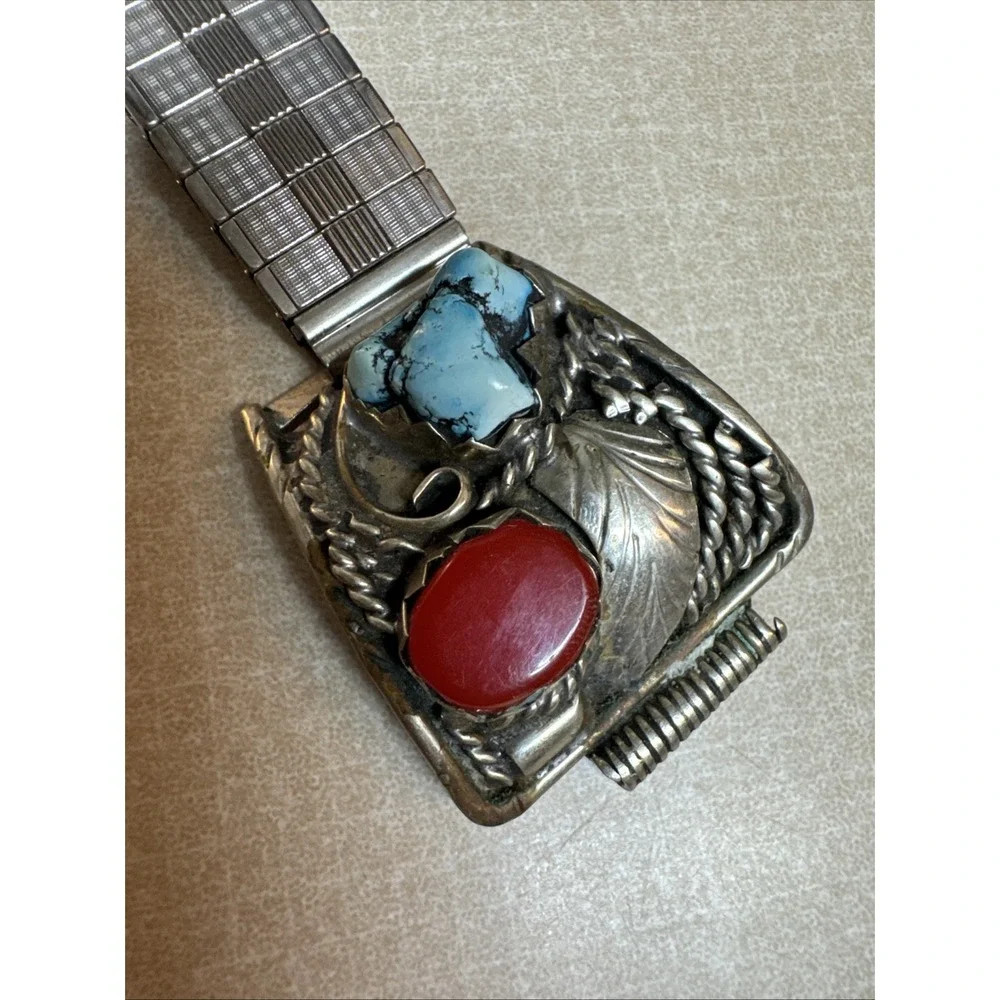 Vintage Native Sterling Silver Turquoise Coral Mens Watch Band